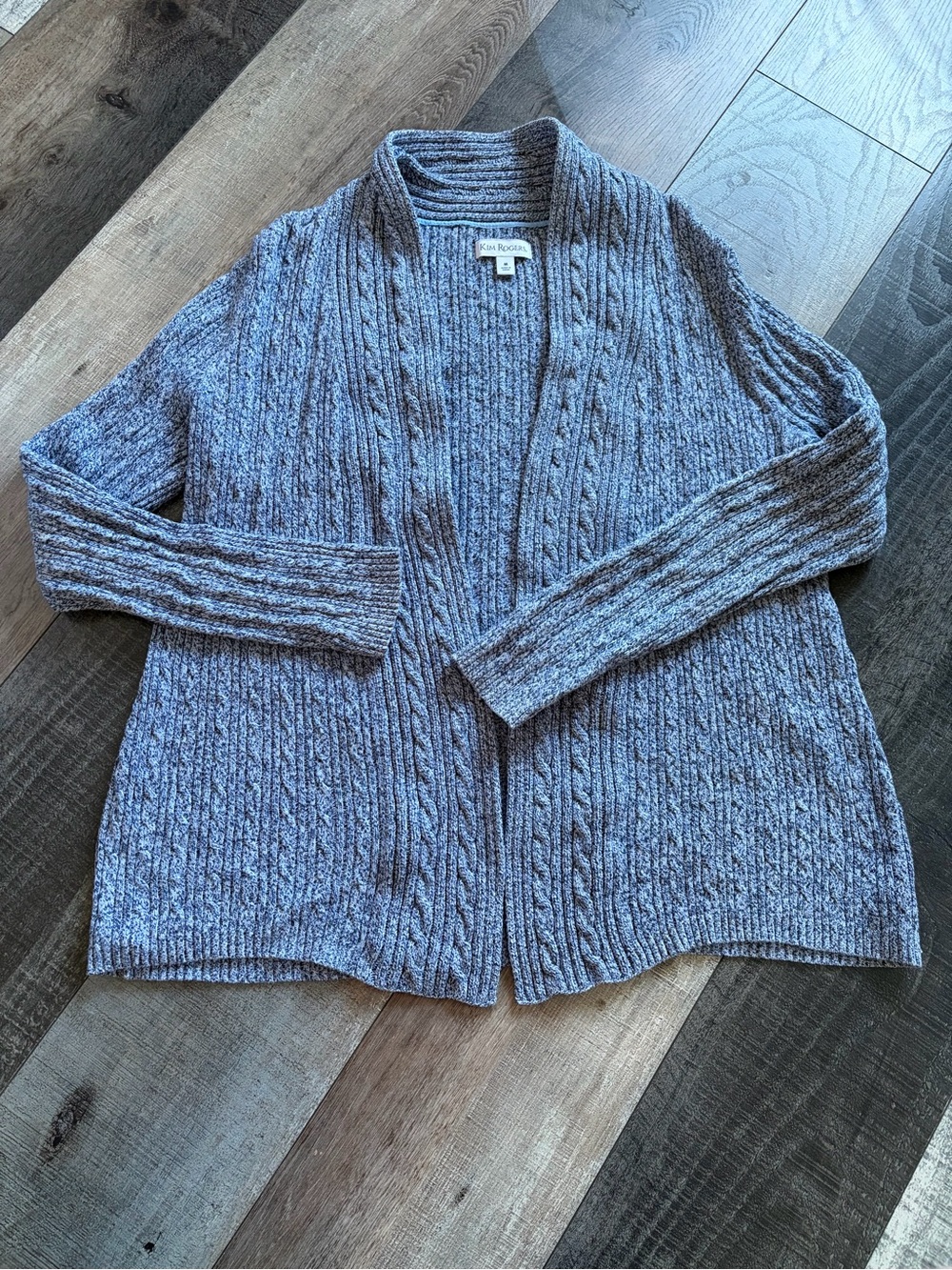 Kim Rogers Medium Blue Marled Cable Knit Open Front Cotton Cardigan